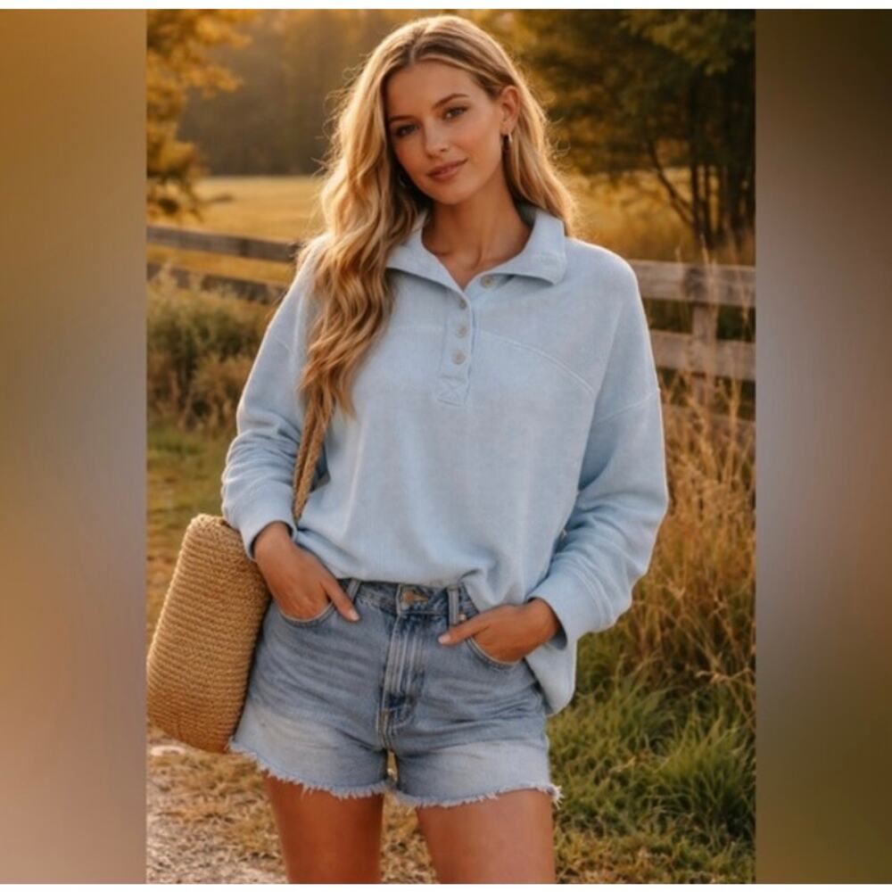 American Eagle Big Hug Lived-In Henley Pullover Sweatshirt in Blue Breeze